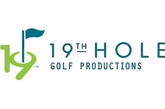 A black and white logo for 1 9 th hole golf productions.