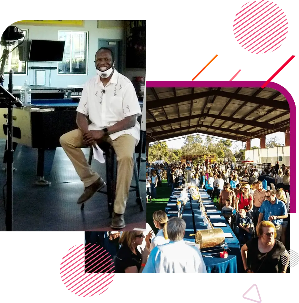 A collage of people sitting at tables and in front of a piano.